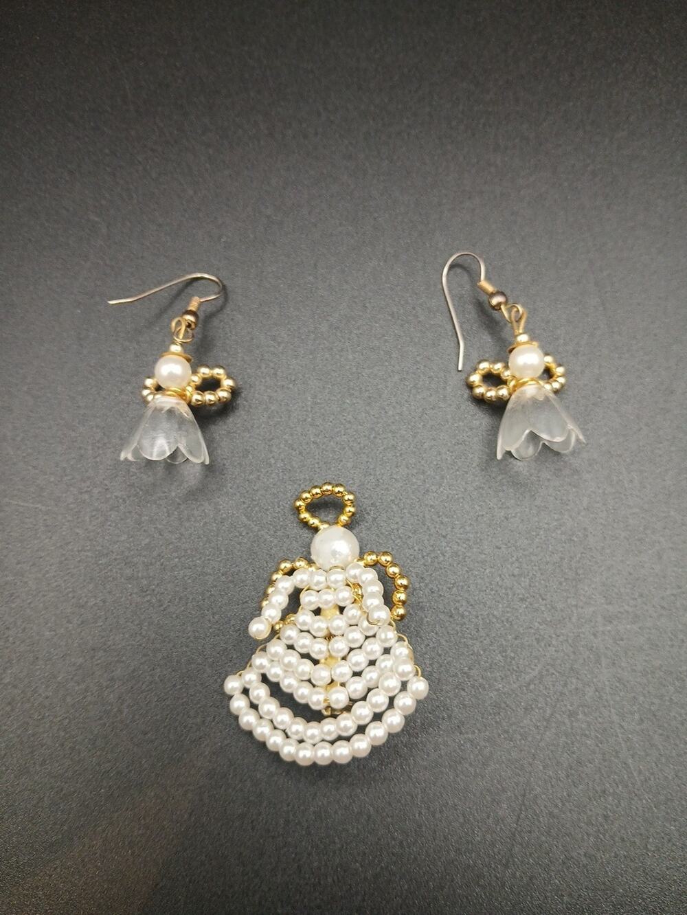 Vintage Handmade Beaded Angel Brooch Pin & Earrings Set, Faux Pearl and...